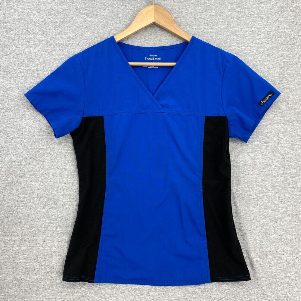 Cherokee Scrub Top Womens XS Blue Black Healthcare Vet Uniform Short Sleeve